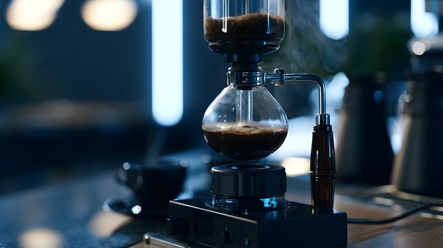 A glass siphon coffee maker is brewing dark coffee on a modern countertop under soft ambient lighting