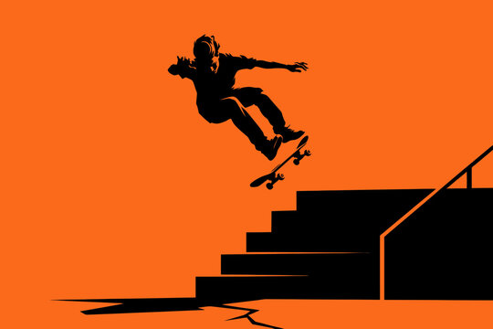 High-contrast vector illustration showing the trajectory of a skateboarder in mid-air performing a jump over a concrete staircase against a bright orange void.