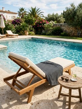 Wooden sunbed with striped towel by swimming pool, relaxing summer scene with drinks and sunglasses.