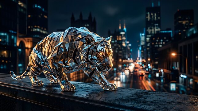 Low poly crystal tiger sculpture prowling on a rooftop at night city