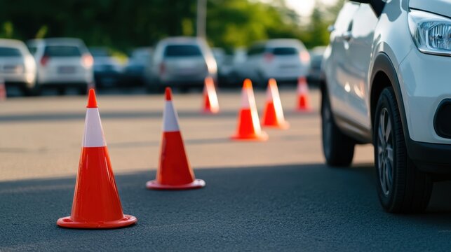 Row of orange traffic cones placed on an asphalt parking lot to block or restrict traffic