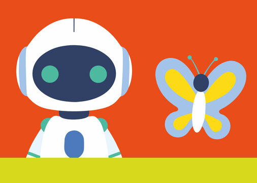 A friendly robot in a white suit with blue accents stands beside a bright yellow and blue butterfly. The vibrant background adds charm and warmth to this whimsical scene.