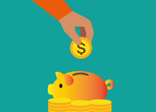 A hand places a gold coin into a colorful piggy bank, symbolizing financial savings and budgeting. The bright background enhances the concept of monetary growth