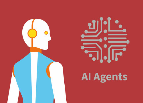 Robotic figure represents AI agents with technology symbols in a modern design