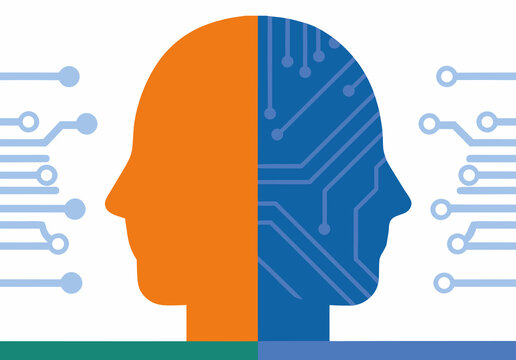 Two human profiles face each other, one in orange and the other in blue