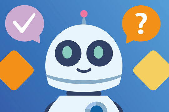 Friendly robot character with speech bubbles displaying questions and confirmations