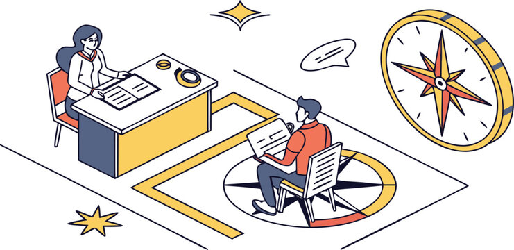 Isometric illustration of two people working with a compass and path on a white background