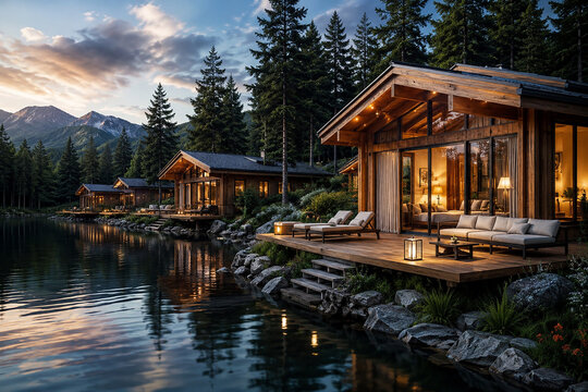 Luxury lakeside wooden cabin with private deck, calm reflective water and peaceful forest setting, premium nature resort