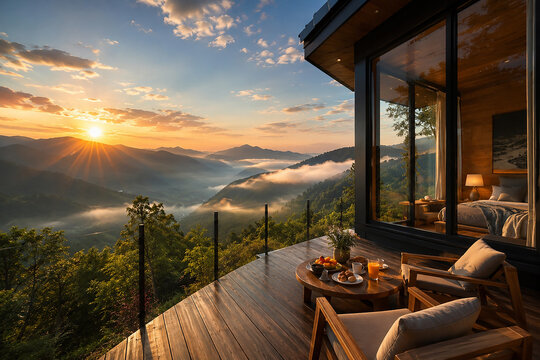 Luxury mountain cabin with panoramic valley view at sunrise, modern architecture and peaceful nature retreat