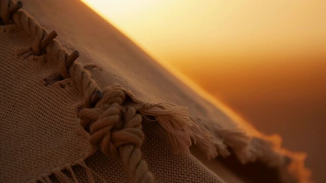 Close low-angle closeup of braided rope threaded through coarse burlap with wooden pegs under warm golden backlight