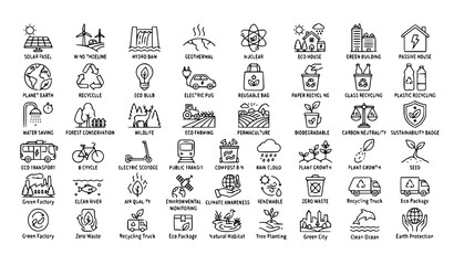 Obraz premium Eco and Environment Thin Line Icons Collection with Sustainability Renewable Energy and Green Technology Vector Set