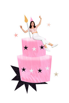 Vertical photo collage of happy girl sit pink birthday cake fun celebration party entertainment candle isolated on painted background