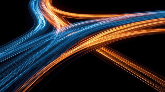Swirling trails of blue and orange light converge and diverge on black