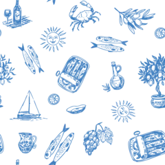 Mediterranean seamless pattern,  hand drawn vector object, food,  sardines, lemons, seascapes © aksol