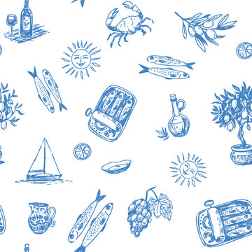 Mediterranean seamless pattern,  hand drawn vector object, food,  sardines, lemons, seascapes