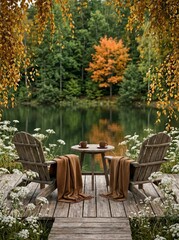 Fototapeta premium Two wooden chairs with blankets by a lake, autumn forest view.