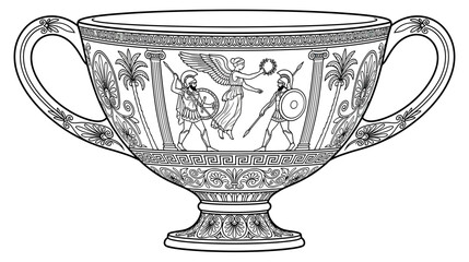 Ancient Greek Krater Vase Illustration with Mythological Scene and Geometric Patterns © titis