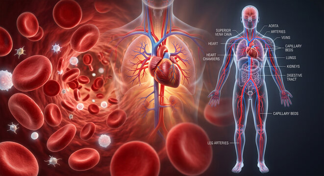 Human cardiovascular system and blood circulation infographics, 3D medical illustration showing heart anatomy, arteries, veins, red blood cells flow, and internal organs diagram.