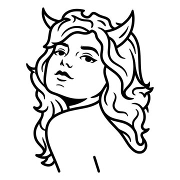 Vector isolated devil girl portrait, woman with horns, horned girl, face, art, poster, engraving, hysteric glamour style