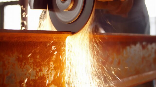 Close‑up angle grinder cutting rusted steel beam with bright orange sparks cascading downward in backlit workshop