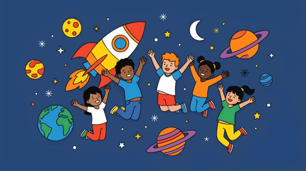 Naklejka premium Diverse Happy Children Jumping in Space with Rocket, Planets, Moon and Earth, Flat Illustration Style, Vibrant Colors, Dark Blue Background with Stars