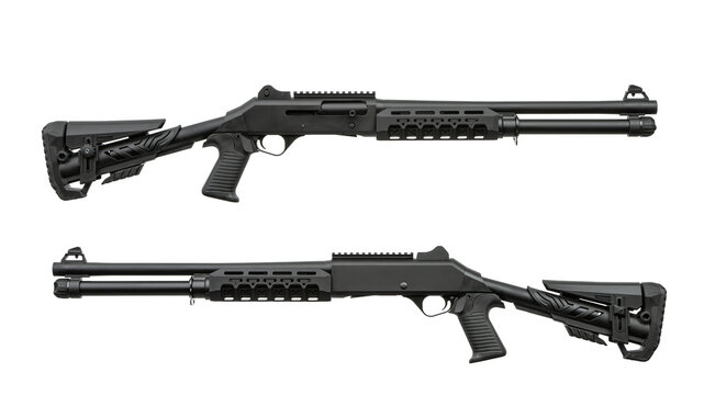 Two black tactical semi-automatic shotguns shown from both sides isolated on white back
