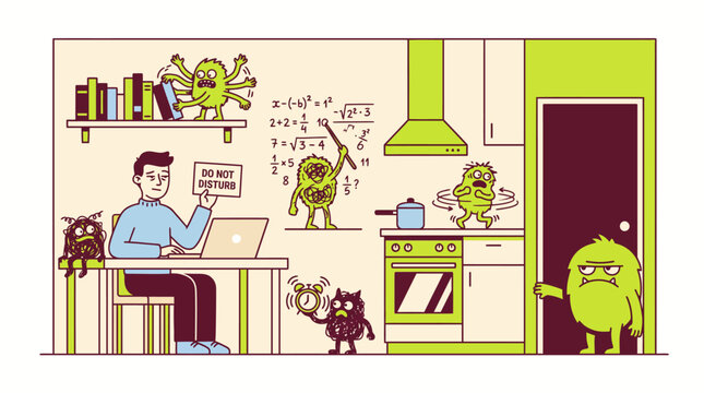Intrusive Thoughts Flat Vector, OCD Creatures Invading Apartment Illustration