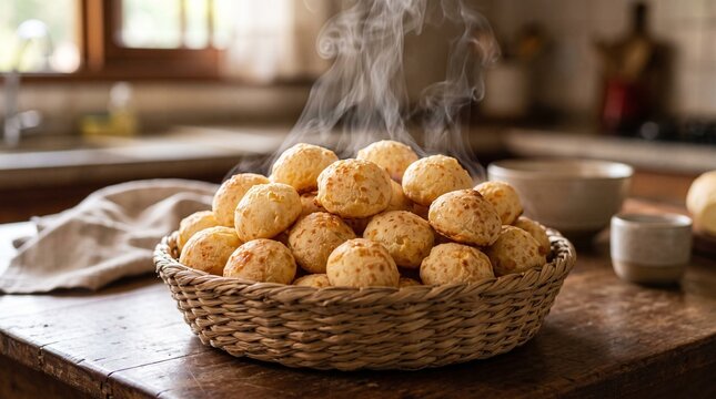 Basket of freshly baked Brazilian cheese bread Pao de Queijo steaming hot on a rustic wooden table