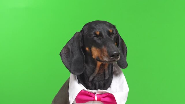 A black and tan dachshund dog wears a white collared shirt and pink bow tie against a green screen backdrop, styled like a tiny bartender ready for advertising compositing.