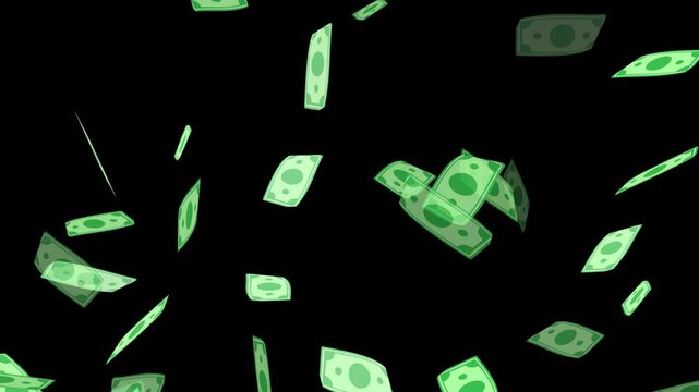 One hundred dollar banknotes explosion, dollars bills falling down in 3D animation video,
Dollars falling in looped animation. Alpha mask