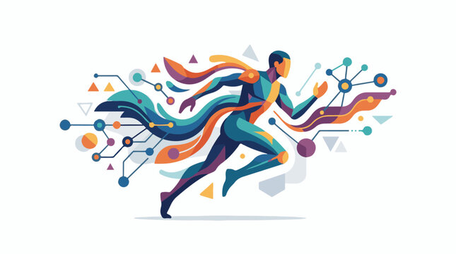 Abstract runner with flowing lines and digital network elements