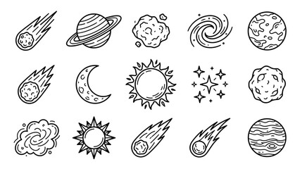 Cosmic Doodles: Planets, Comets, Stars, Galaxy, Sun, Moon Icons © titis