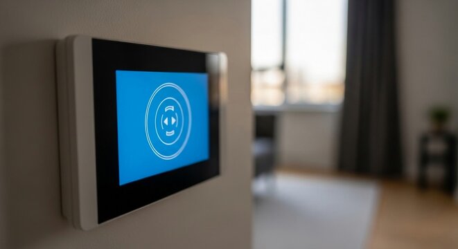 Close-up of a smart home control panel screen displaying an interactive interface in a blurred modern room setting
