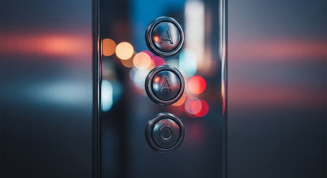 Close-up of brushed metal elevator buttons with blurred city lights reflection in the background