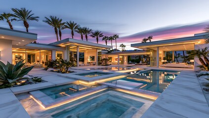 Obraz premium Contemporary architectural villa with illuminated infinity pool architecture tropical exterior