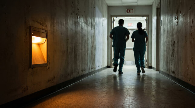Dramatic dark hospital hallway with emergency exit signs and wall lights as a doctor and nurse run during a power failure, blackout concept