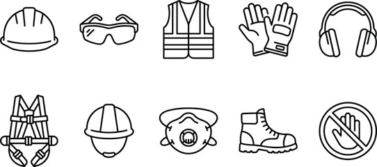 Fototapeta na wymiar Industrial personal protective equipment icons set with safety helmet glasses vest gloves and work boots.