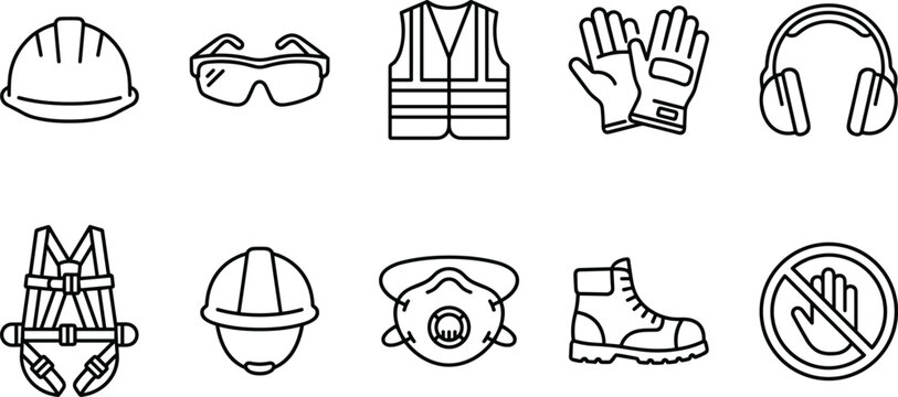 Industrial personal protective equipment icons set with safety helmet glasses vest gloves and work boots.