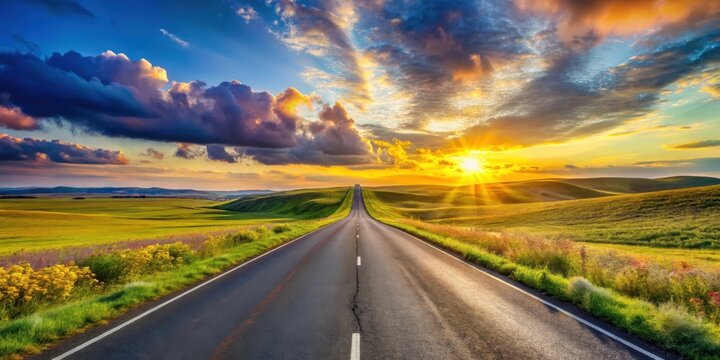 Asphalt road stretching towards a vibrant sunset over rolling hills and wildflowers
