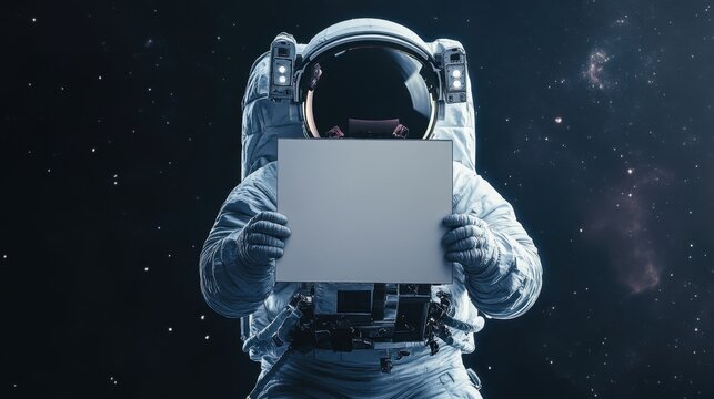 Astronaut in full space suit holding a blank white sign board in outer space.