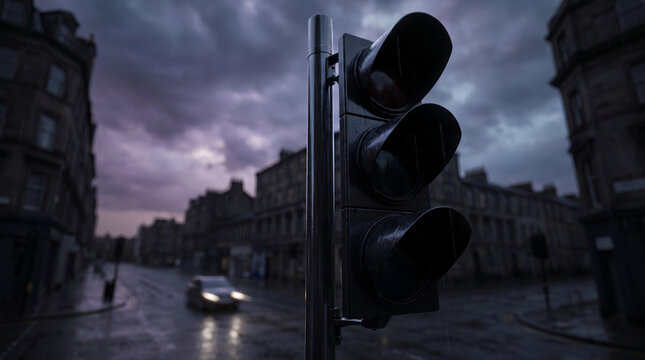 Dramatic street intersection with non-working traffic lights on a dark pole against a stormy twilight sky, urban blackout failure concept