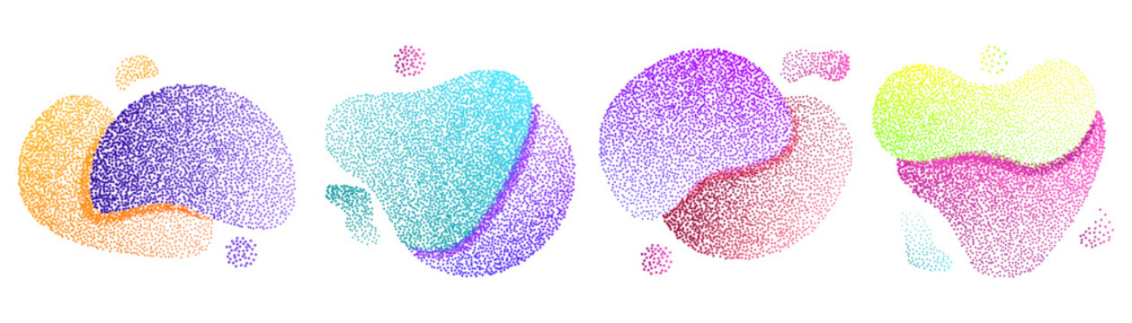 Liquid blob compositions with organic shapes, gradients and grain textures. Flowing amorphous forms with transitions. Vector fluid organic shapes for digital artwork and presentations