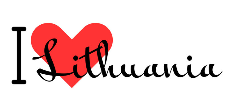 I love Lithuania. Hand drawn letters with red heart. Vector illustration, lettering in modern design