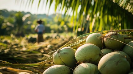 Obraz premium Abundant harvest of fresh green coconuts piled up on the ground in a tropical plantation