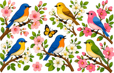 Fototapeta premium Colorful Cute Songbirds on Blooming Branches Vector Illustration Set with Butterflies, Flowers, and Spring Garden Nature Elements