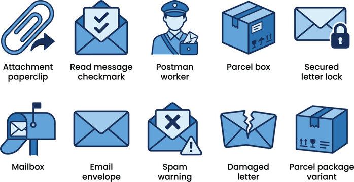 Set of blue mail and logistics icons including postman mailbox delivery parcel boxes and damaged packages.