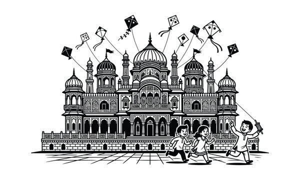 Lahore fort illustration with kite flying children black and white vector