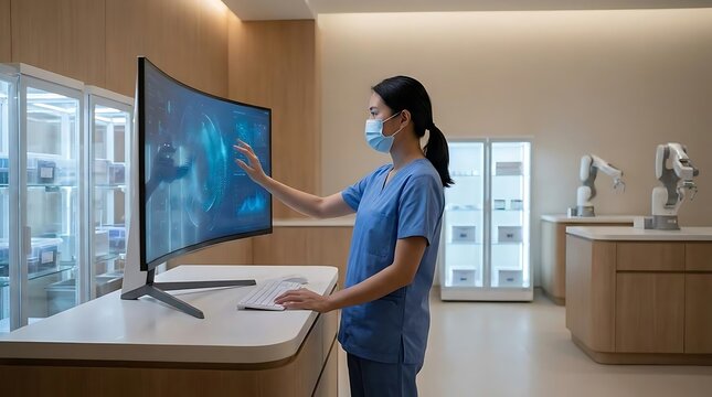 Person interacting with digital screen in modern medical setting