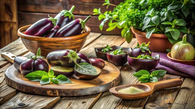Rustic Still Life Featuring Fresh Eggplants and Aromatic Herbs on Wooden Surface