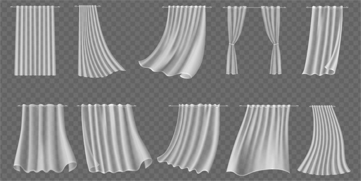 Curtain flowing in motion. Window covering, tulle or sheer voile. Interior design and decoration for home, blowing wind effect. Vector interior design and home decor visuals collection